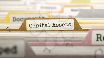 Capital Assets - Folder Register Name in Directory. Colored, Blurred Image. Closeup View. 3D Render.