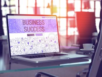 Business Success - Closeup Landing Page in Doodle Design Style on Laptop Screen. On Background of Comfortable Working Place in Modern Office. Toned, Blurred Image. 3D Render. 