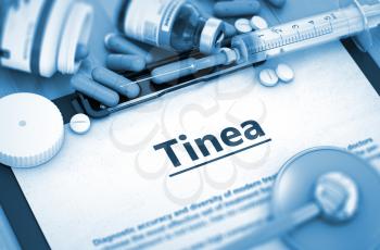 Tinea - Medical Report with Composition of Medicaments - Pills, Injections and Syringe. Tinea, Medical Concept with Pills, Injections and Syringe. 3D Render.