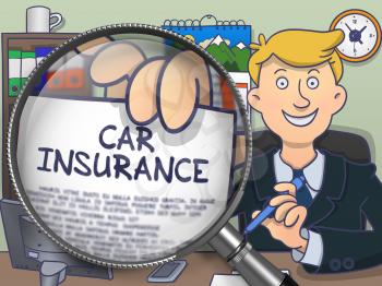 Car Insurance. Paper with Inscription in Man's Hand through Magnifying Glass. Multicolor Modern Line Illustration in Doodle Style.