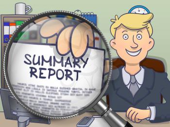 Businessman in Suit Holding Paper with text Summary Report through Lens. Closeup View. Colored Doodle Style Illustration.
