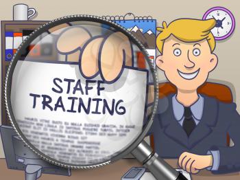 Staff Training on Paper in Business Man's Hand to Illustrate a Business Concept. Closeup View through Lens. Multicolor Modern Line Illustration in Doodle Style.