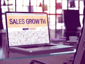 Sales Growth - Closeup Landing Page in Doodle Design Style on Laptop Screen. On Background of Comfortable Working Place in Modern Office. Toned, Blurred Image. 3D Render.