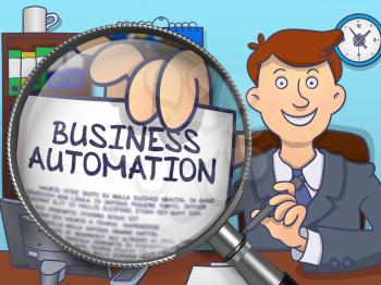 Business Automation on Paper in Businessman's Hand to Illustrate a Business Concept. Closeup View through Magnifier. Colored Doodle Illustration.