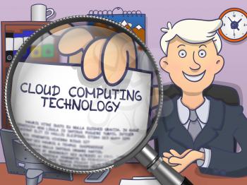 Cloud Computing Technology. Successful Man in Office Shows Text on Paper through Magnifying Glass. Colored Doodle Style Illustration.