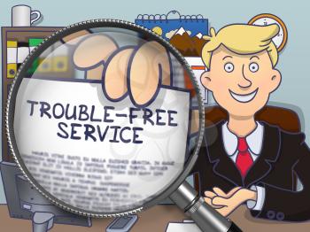Trouble-Free Service through Magnifying Glass. Business Man Showing Paper with Concept. Closeup View. Multicolor Modern Line Illustration in Doodle Style.