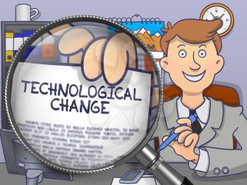 Technological Change. Businessman Holds Out a Paper with Inscription through Magnifying Glass. Colored Doodle Style Illustration.