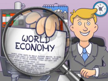 World Economy through Lens. Officeman Showing Paper with Text. Closeup View. Multicolor Doodle Illustration.