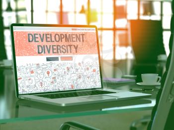 Development Diversity Concept. Closeup Landing Page on Laptop Screen in Doodle Design Style. On Background of Comfortable Working Place in Modern Office. Blurred, Toned Image. 3D Render.