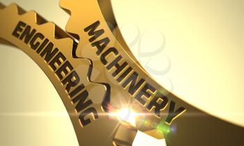 Machinery Engineering on Golden Cogwheels. Machinery Engineering on the Mechanism of Golden Metallic Cogwheels with Glow Effect. Machinery Engineering - Concept. 3D.