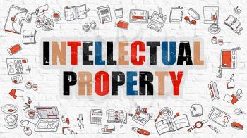 Intellectual Property. Multicolor Inscription on White Brick Wall with Doodle Icons Around. Modern Style Illustration with Doodle Design Icons. Intellectual Property on White Brickwall Background.