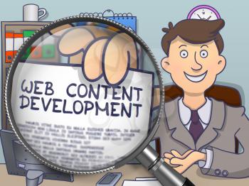 Businessman Holds Out a Paper with Concept Web Content Development. Closeup View through Lens. Multicolor Doodle Illustration.