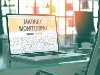 Market Monitoring Concept - Closeup on Landing Page of Laptop Screen in Modern Office Workplace. Toned Image with Selective Focus. 3D Render.