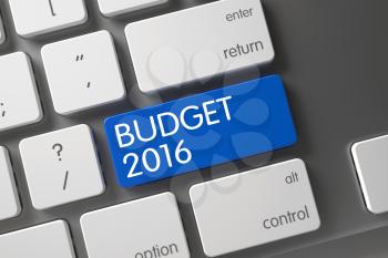 Keypad Budget 2016 on Modernized Keyboard. Aluminum Keyboard Button Labeled Budget 2016. Budget 2016 Concept: Modern Keyboard with Budget 2016, Selected Focus on Blue Enter Key. 3D.