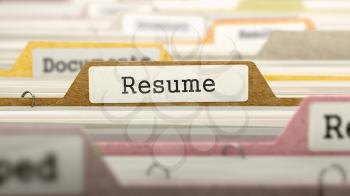 Resume - Folder Register Name in Directory. Colored, Blurred Image. Closeup View. 3D Render.