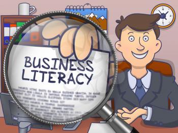 Business Literacy. Paper with Concept in Officeman's Hand through Lens. Colored Doodle Illustration.