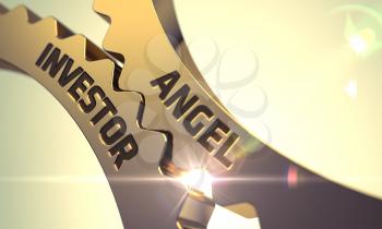 Angel Investor Golden Metallic Cog Gears. Angel Investor - Industrial Design. Angel Investor on Mechanism of Golden Metallic Cog Gears. Angel Investor - Concept. 3D Render.