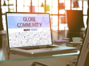 Globe Community Concept. Closeup Landing Page on Laptop Screen in Doodle Design Style. On Background of Comfortable Working Place in Modern Office. Blurred, Toned Image. 3D Render. 