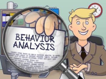 Behavior Analysis on Paper in Man's Hand through Magnifying Glass to Illustrate a Business Concept. Multicolor Doodle Illustration.