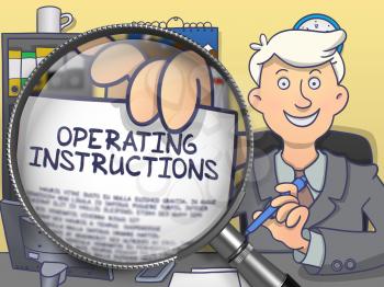 Businessman in Office Showing Paper with Operating Instructions. Closeup View through Magnifying Glass. Multicolor Doodle Style Illustration.