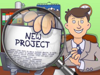 Businessman Offering New Project. Closeup View through Magnifier. Colored Doodle Illustration.