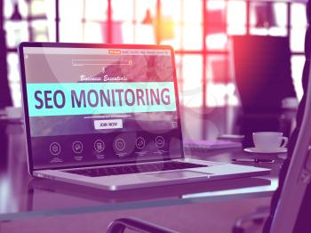 SEO Monitoring Concept. Closeup Landing Page on Laptop Screen  on background of Comfortable Working Place in Modern Office. Blurred, Toned Image. 3D Render.
