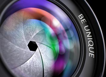 Front Glass of Camera Lens with Be Unique Concept, Closeup. Lens Flare Effect. Be Unique on Camera Photo Lens. Colorful Lens Flares. Selective Focus with Shallow Depth of Field. 3D Illustration.