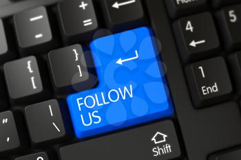 Follow Us Written on a Large Blue Keypad of a Modernized Keyboard. A Keyboard with Blue Button - Follow Us. Keypad Follow Us on Black Keyboard. Follow Us Key. 3D Render.