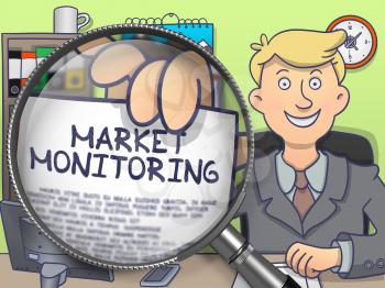 Market Monitoring. Smiling Businessman in Office Showing a Paper with Inscription through Lens. Multicolor Doodle Style Illustration.