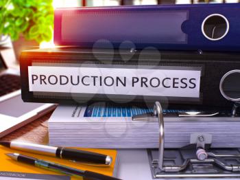 Production Process - Black Ring Binder on Office Desktop with Office Supplies and Modern Laptop. Production Process Business Concept on Blurred Background. 3D Render.