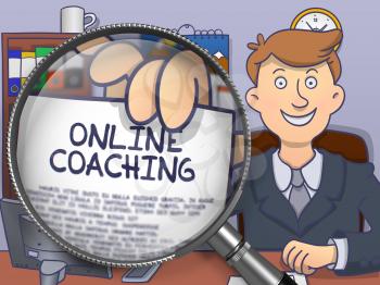 Online Coaching. Cheerful Man in Office Showing Concept on Paper through Magnifier. Multicolor Doodle Style Illustration.