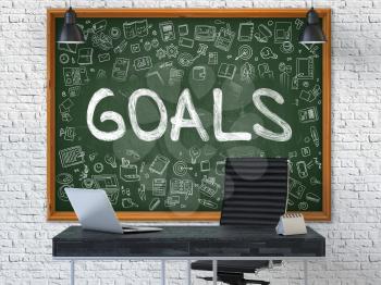 Hand Drawn Goals on Green Chalkboard. Modern Office Interior. White Brick Wall Background. Business Concept with Doodle Style Elements. 3D.