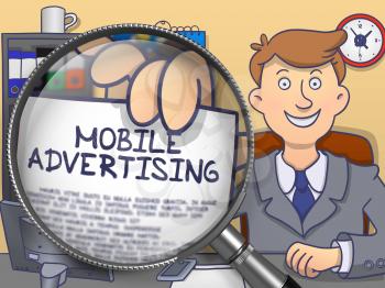 Mobile Advertising through Lens. Man Holds Out a Paper with Text. Closeup View. Colored Modern Line Illustration in Doodle Style.