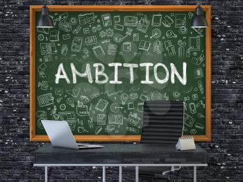 Ambition Concept Handwritten on Green Chalkboard with Doodle Icons. Office Interior with Modern Workplace. Dark Brick Wall Background. 3D.