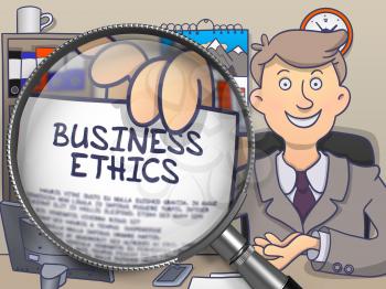 Business Ethics. Paper with Text in Businessman's Hand through Magnifier. Colored Modern Line Illustration in Doodle Style.