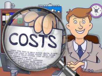 Costs through Lens. Officeman in Office Workplace Holds Out Paper with Text. Colored Modern Line Illustration in Doodle Style.