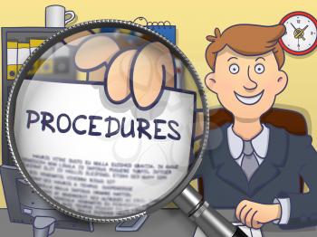 Man in Suit Looking at Camera and Holding a Paper with Procedures Concept through Magnifying Glass. Closeup View. Colored Doodle Style Illustration.