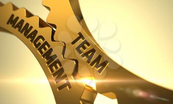Team Management - Industrial Design. Team Management Golden Metallic Cogwheels. Team Management on Mechanism of Golden Metallic Cogwheels with Glow Effect. 3D.