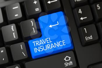 Travel Insurance on Black Keyboard Background. Blue Travel Insurance Button on Keyboard. Computer Keyboard with the words Travel Insurance on Blue Keypad. 3D Illustration.