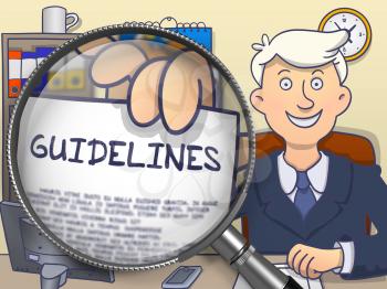 Guidelines on Paper in Businessman's Hand to Illustrate a Business Concept. Closeup View through Lens. Multicolor Modern Line Illustration in Doodle Style.