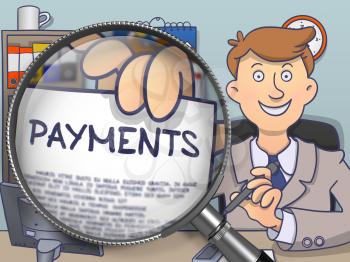 Payments through Magnifying Glass. Man Welcomes in Office and Holds Out Paper with Concept. Colored Doodle Style Illustration.