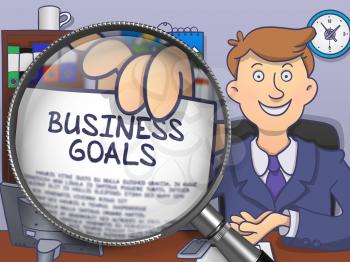 Man in Office Workplace Showing a Text on Paper Business Goals. Closeup View through Lens. Multicolor Modern Line Illustration in Doodle Style.