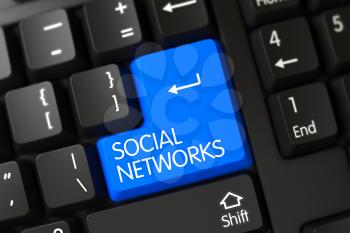 Keypad Social Networks on Computer Keyboard. Social Networks on Modern Laptop Keyboard Background. Concepts of Social Networks, with a Social Networks on Blue Enter Button on Black Keyboard. 3D.