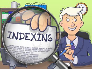 Businessman Holding Paper with Text Indexing. Closeup View through Magnifying Glass. Multicolor Doodle Illustration.