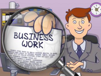 Business Work on Paper in Officeman's Hand through Lens to Illustrate a Business Concept. Multicolor Doodle Style Illustration.