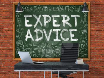 Expert Advice - Handwritten Inscription by Chalk on Green Chalkboard with Doodle Icons Around. Business Concept in the Interior of a Modern Office on the Red Brick Wall Background. 3D.