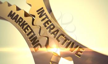 Interactive Marketing on the Mechanism of Golden Gears with Glow Effect. Interactive Marketing on Golden Metallic Cogwheels. Interactive Marketing Golden Gears. 3D Render.