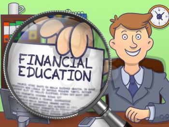 Financial Education through Lens. Business Man Showing Paper with Offer. Closeup View. Colored Doodle Style Illustration.