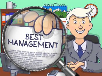 Businessman in Office Workplace Showing a Paper with Inscription Best Management. Closeup View through Lens. Colored Doodle Illustration.