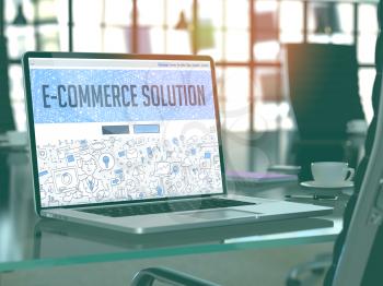 E-Commerce Solution Concept. Closeup Landing Page on Laptop Screen in Doodle Design Style. On Background of Comfortable Working Place in Modern Office. Blurred, Toned Image. 3D Render.